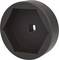 Black, round plastic cap with a hexagonal recess and central hole, used for secure covering or fastening.