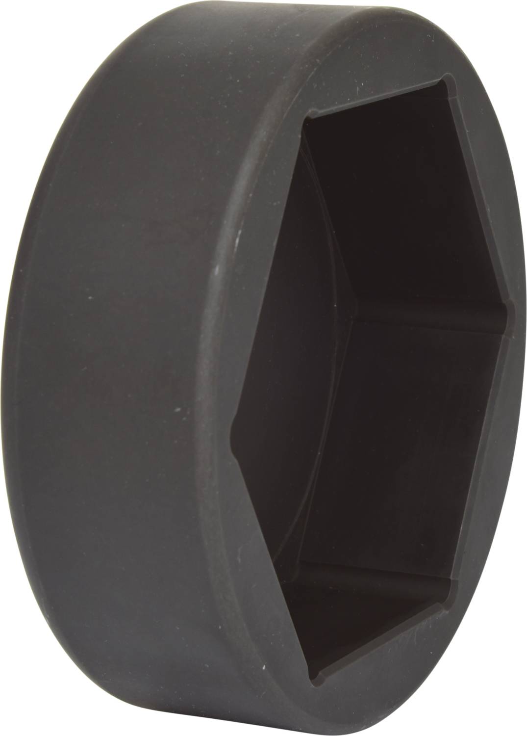 Black, hexagonal plastic component, used as a cap or adapter with an internal hexagonal recess for a precise fit.