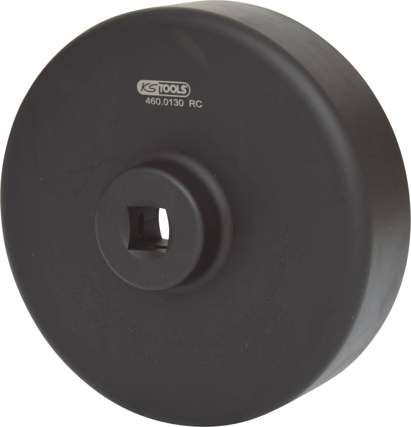 Black round automotive tool with a square insertion opening, marked with 'K5 Tools 460.0130 RC', used for car repairs.