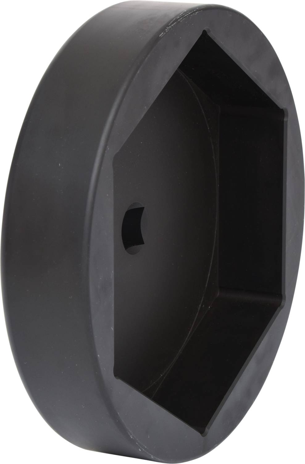 Black, hexagonal oil filter cup with side-access opening.