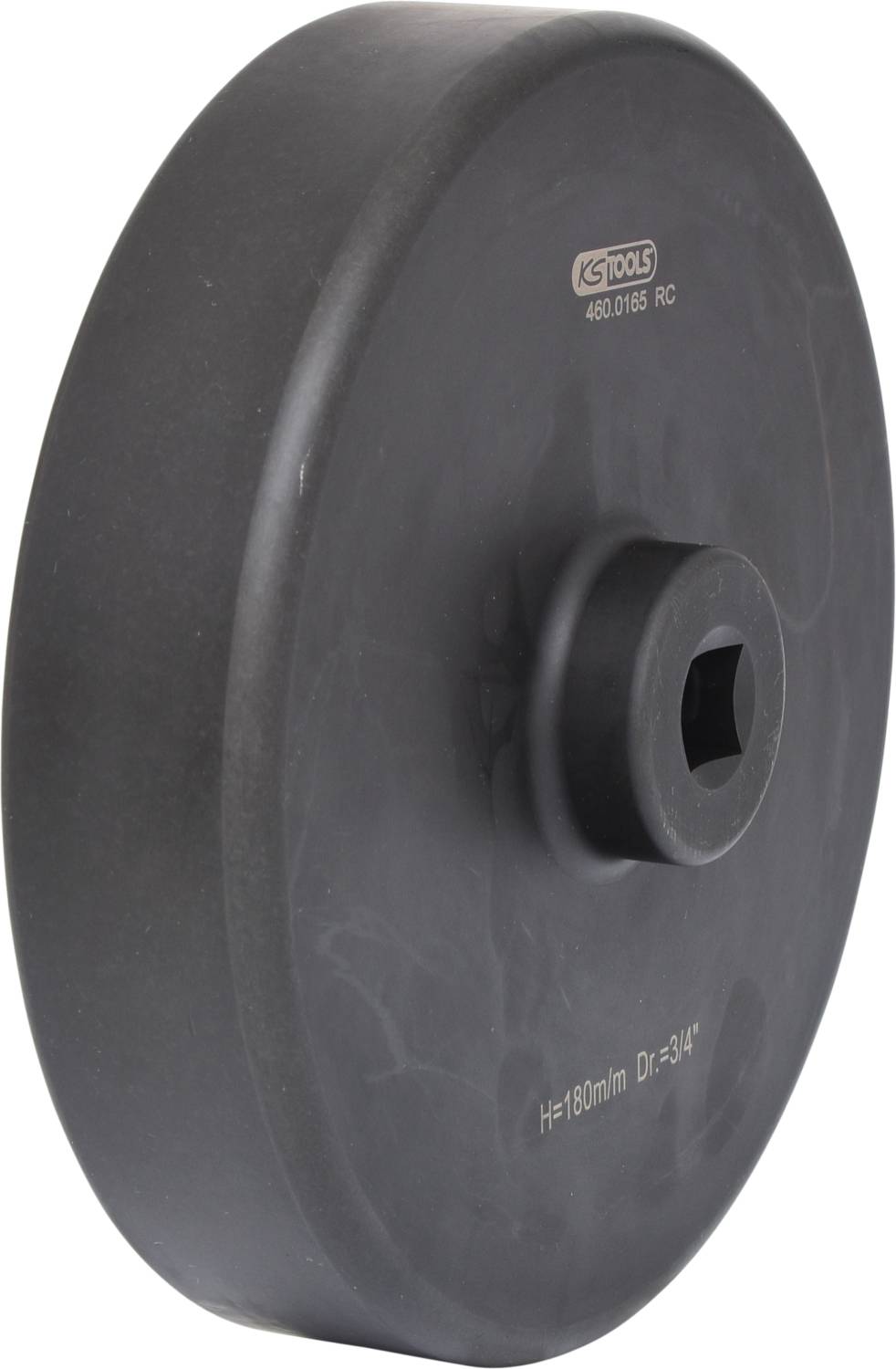 Black round body with central opening, labelled with text 'H=180mm Dr=3/4"'.