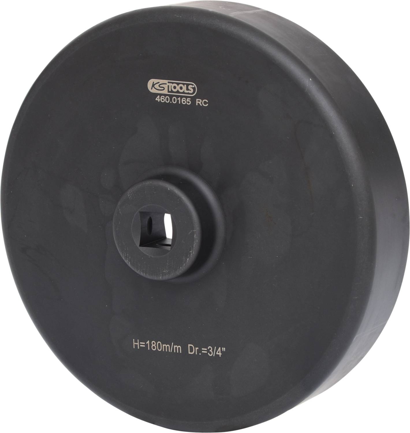 A black round tool with a square opening in the centre, labelled 'KS TOOLS 460.0165 RC'.