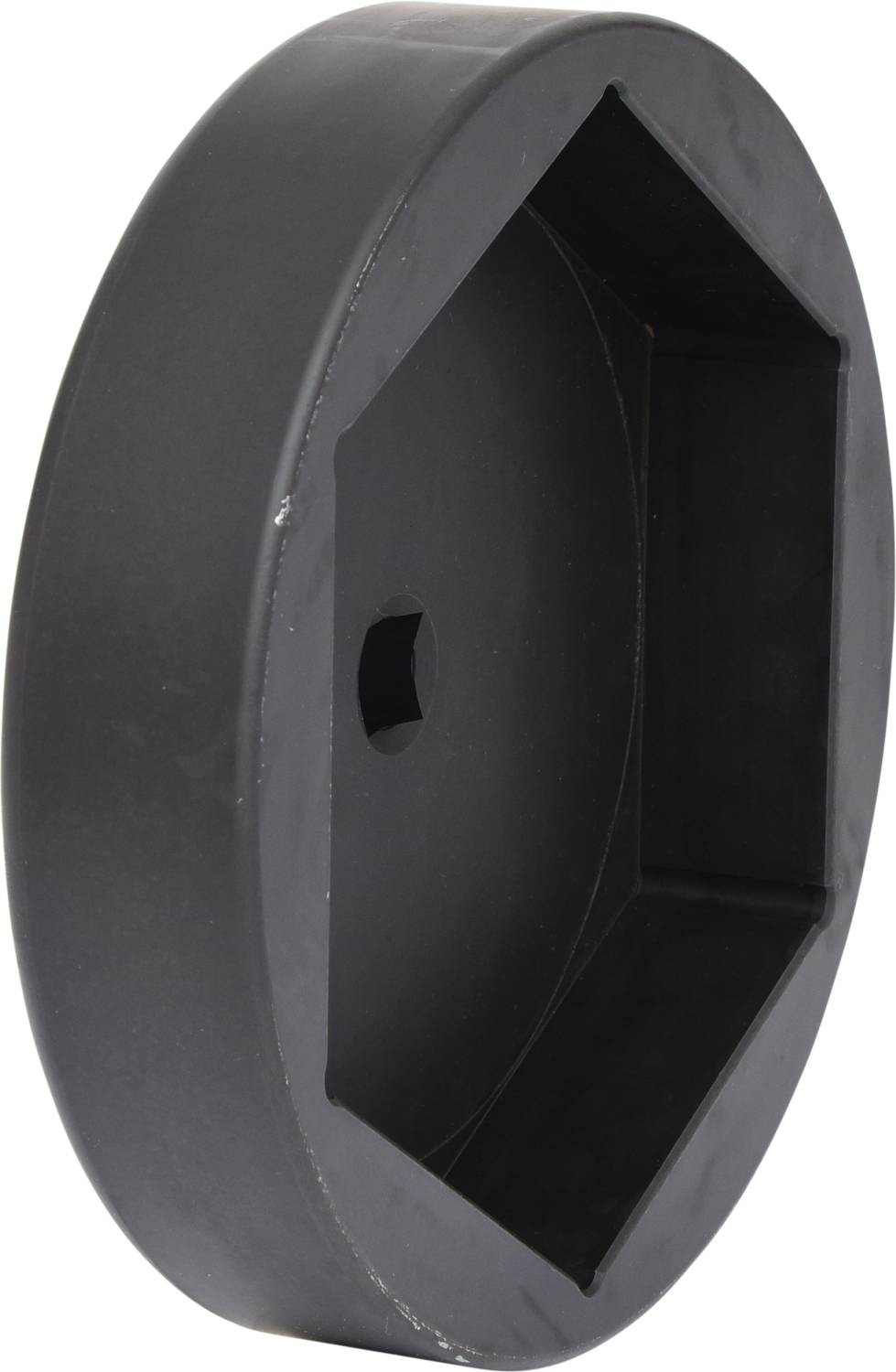 Black, hexagonal plastic component with an open side, used as a cover or protection in technical applications.