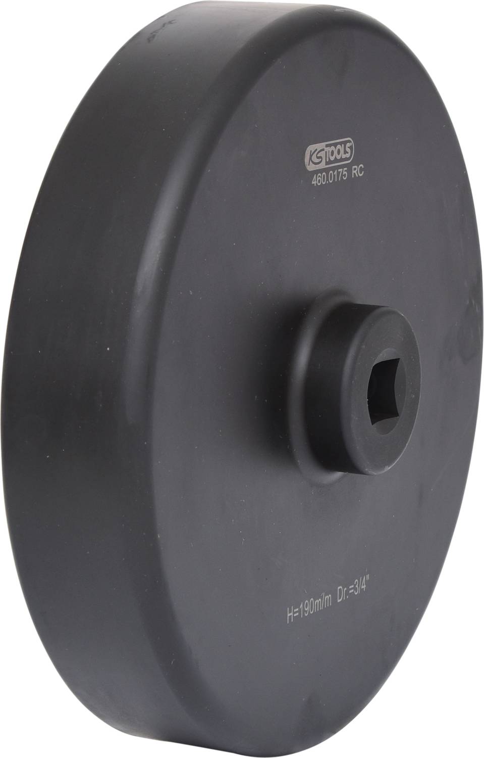 A black metal lid with a square opening and printed labelling, likely a tool attachment.