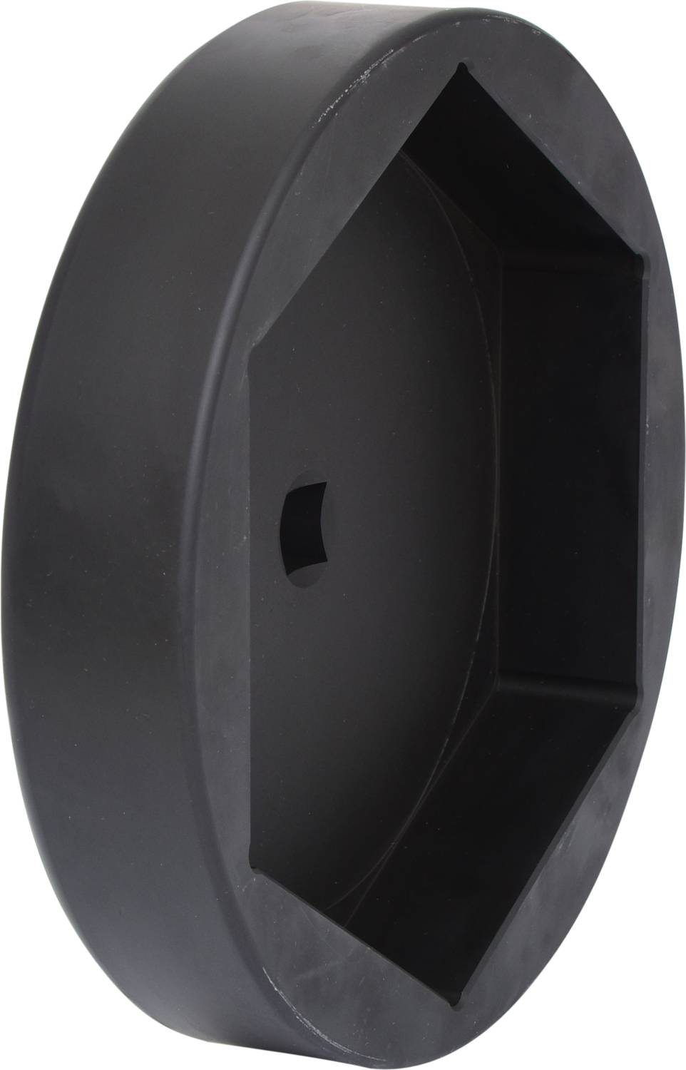 Black, hexagonal rubber damper with a round, flat back and a central hole. Used for dampening or isolating vibrations.