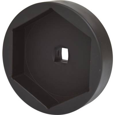 'Black plastic hexagonal cap with a small square hole in the centre, for screw connections.'