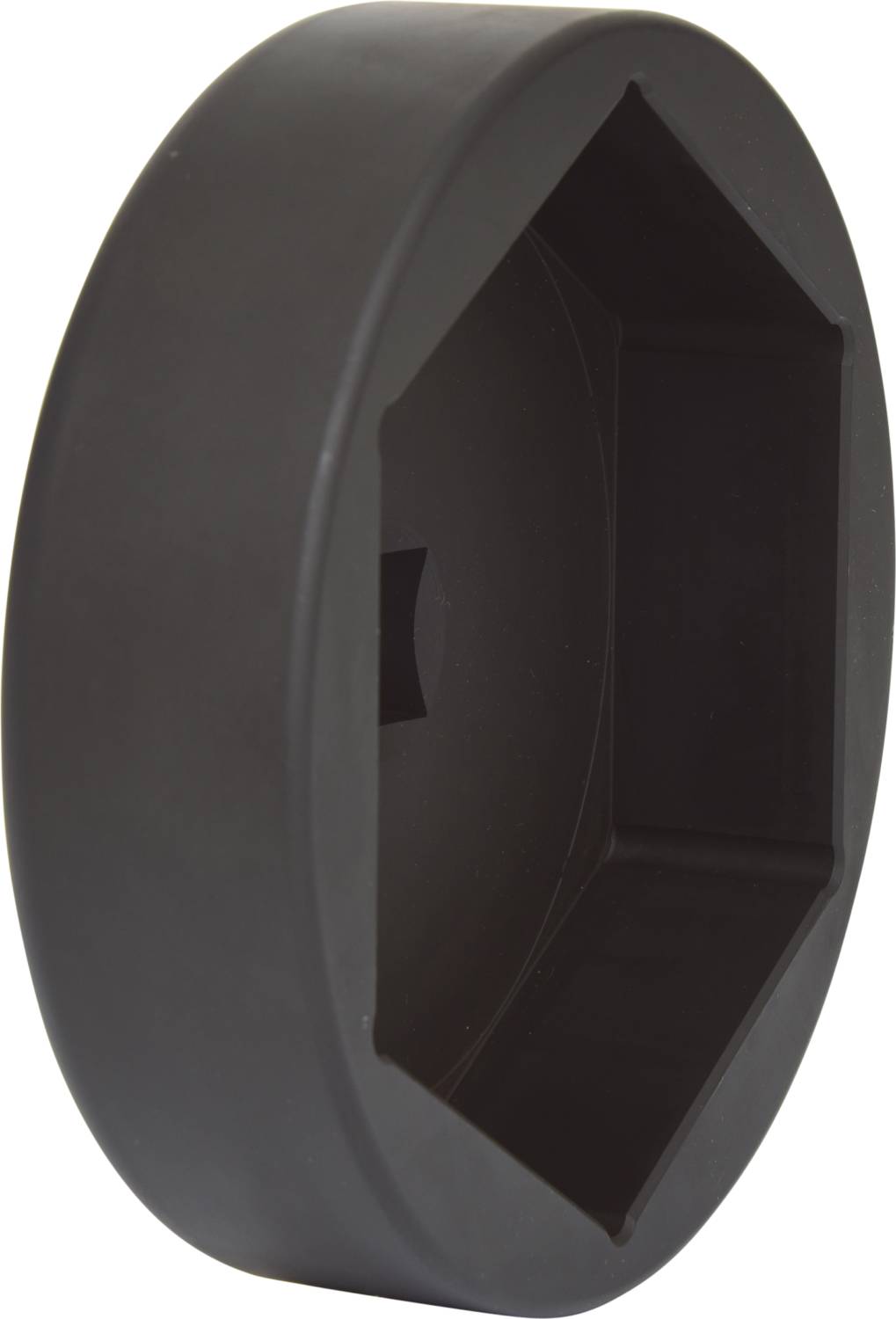 Black, hexagonal plastic adapter, shown from the side. Possibly a tool or machine component.