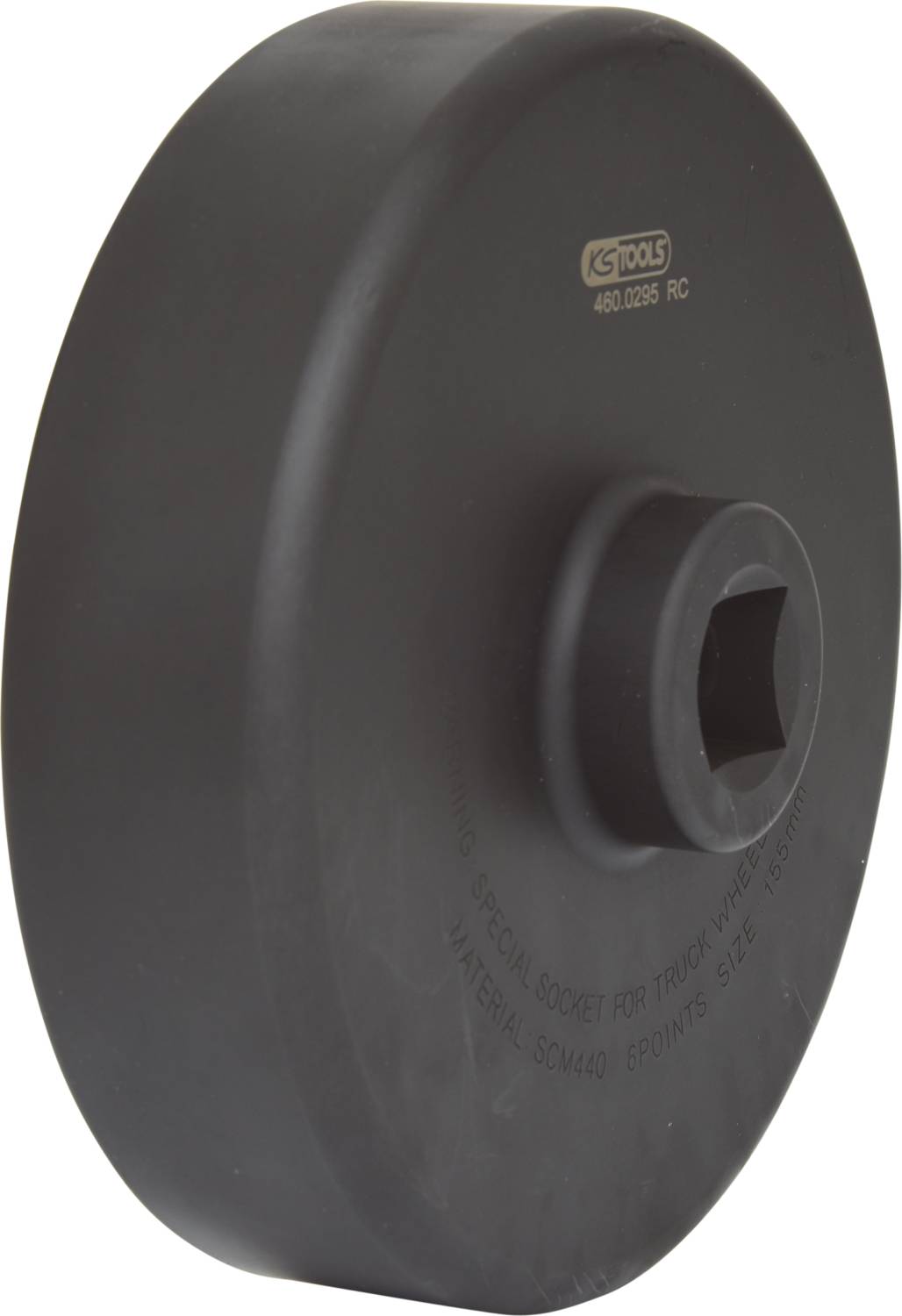 Black specialist tool socket for truck wheel nuts, cylindrical shape with square central insert, brand KS Tools.