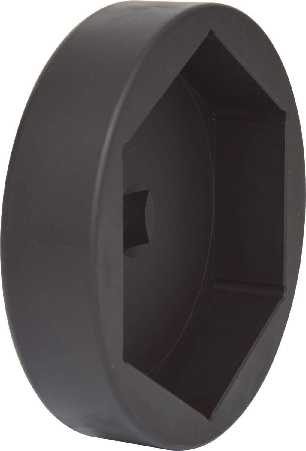 Black, hexagonal, hollow-shaped plastic component, possibly part of a tool or machine part.