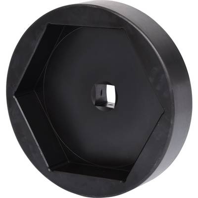 A black, hexagonal wheel with a recessed centre and a square hole in the middle, set against a light background.