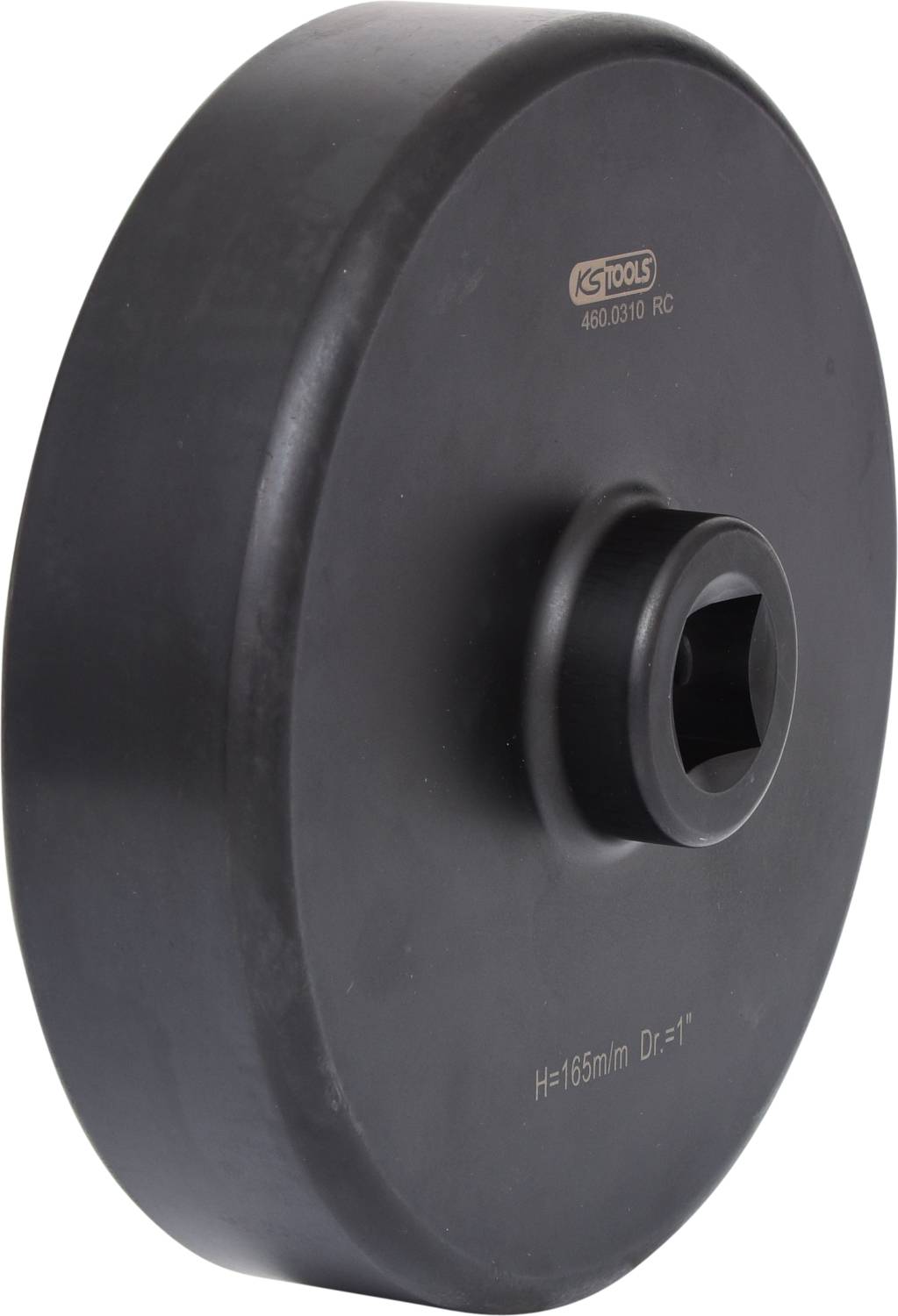 Black tool with a round shape, marked with 'KS TOOLS' and dimensions 'H=165mm Dr.=1''. Suitable for specialised applications.