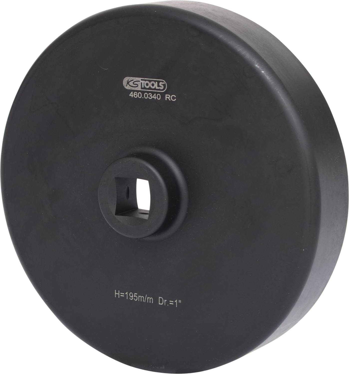 'Large black circular tool with a central square hole and embossed writing. Marked with "KS TOOLS" and technical details.'