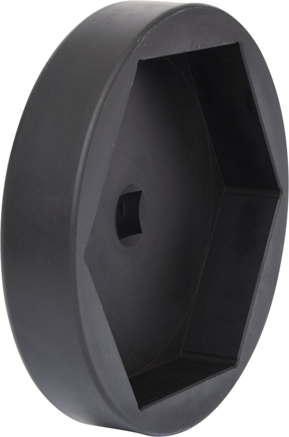 Black plastic hexagonal key with deep internal space, suitable for loosening or tightening nuts or bolts.