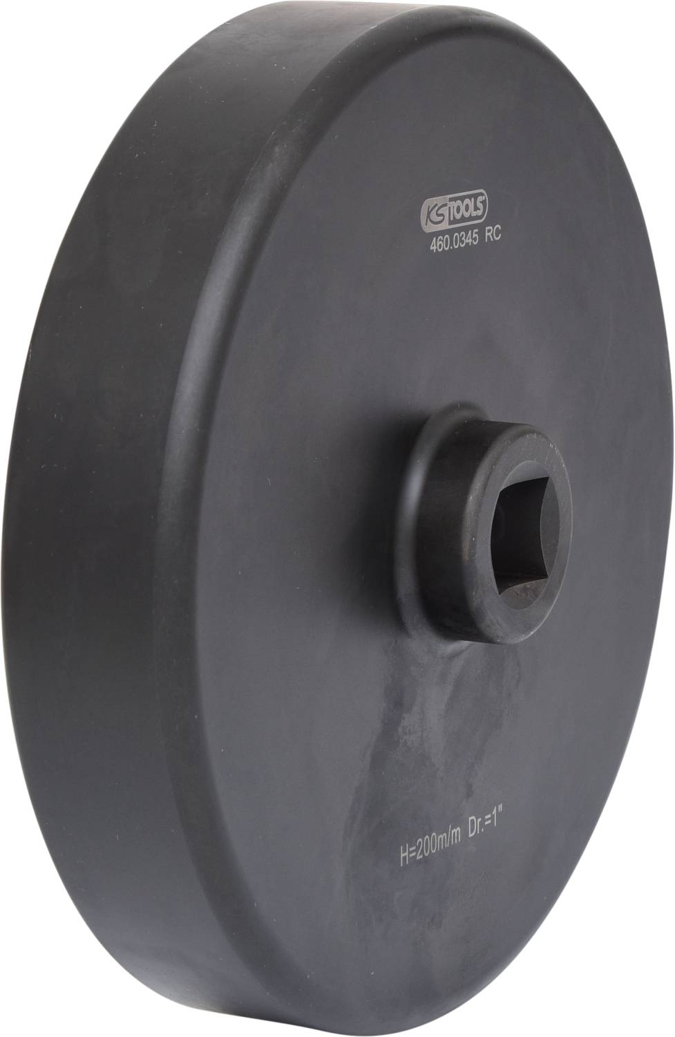 Round, black tool with a square opening in the centre. Markings on the surface: 'HS Tools', '480.0945 RC', 'H=200mm', 'D=31'.
