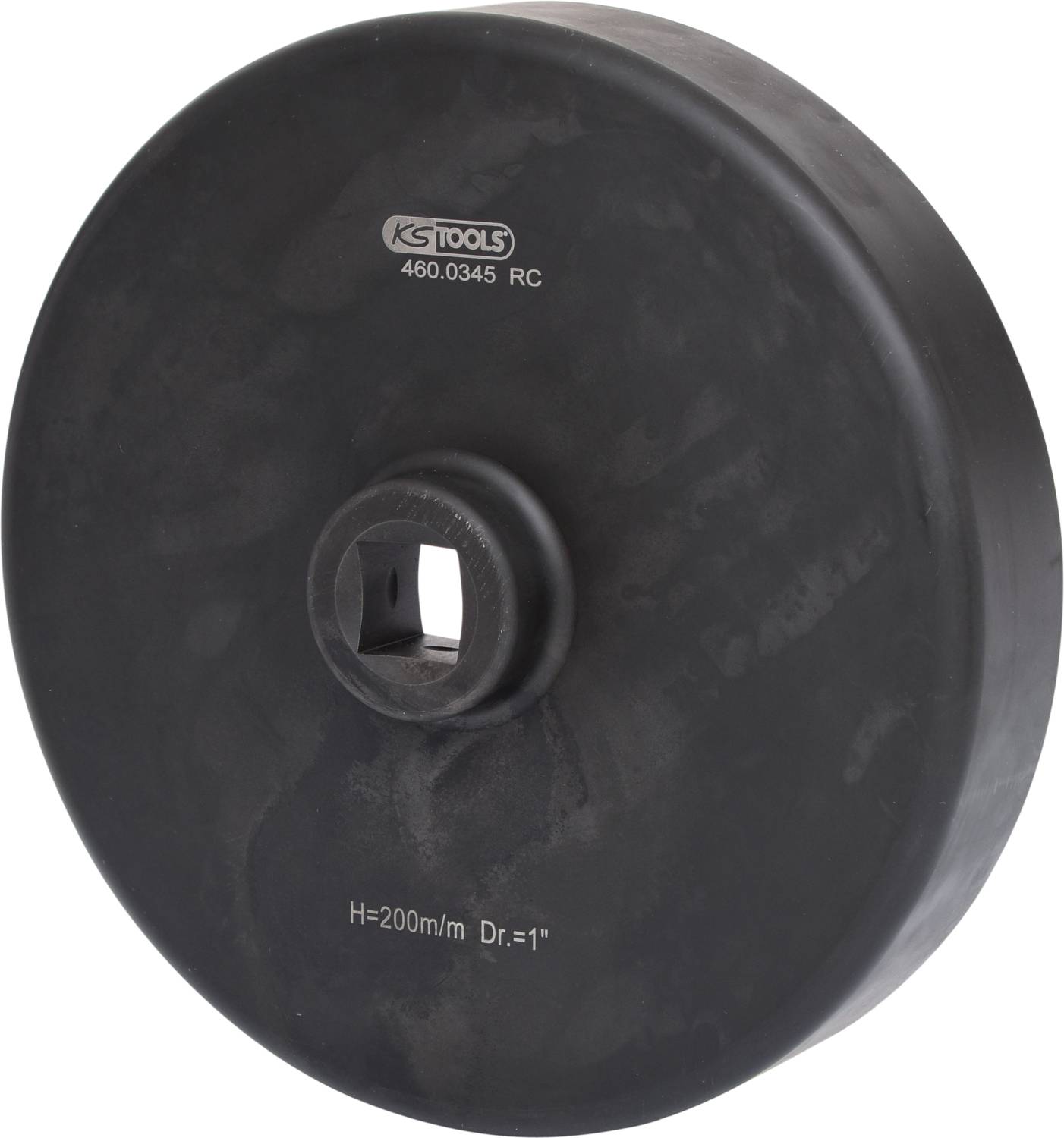 Black metallic adapter attachment with a square opening in the centre, print reading 'KS TOOLS 460.0345 RC' and dimensions 'H=200mm Dr.=1'''.