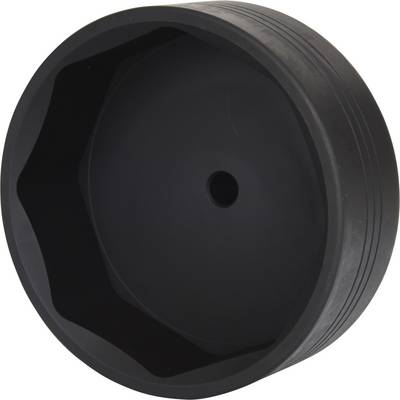 Black plastic stopper with a round shape and central hole, used for sealing or mechanical purposes.