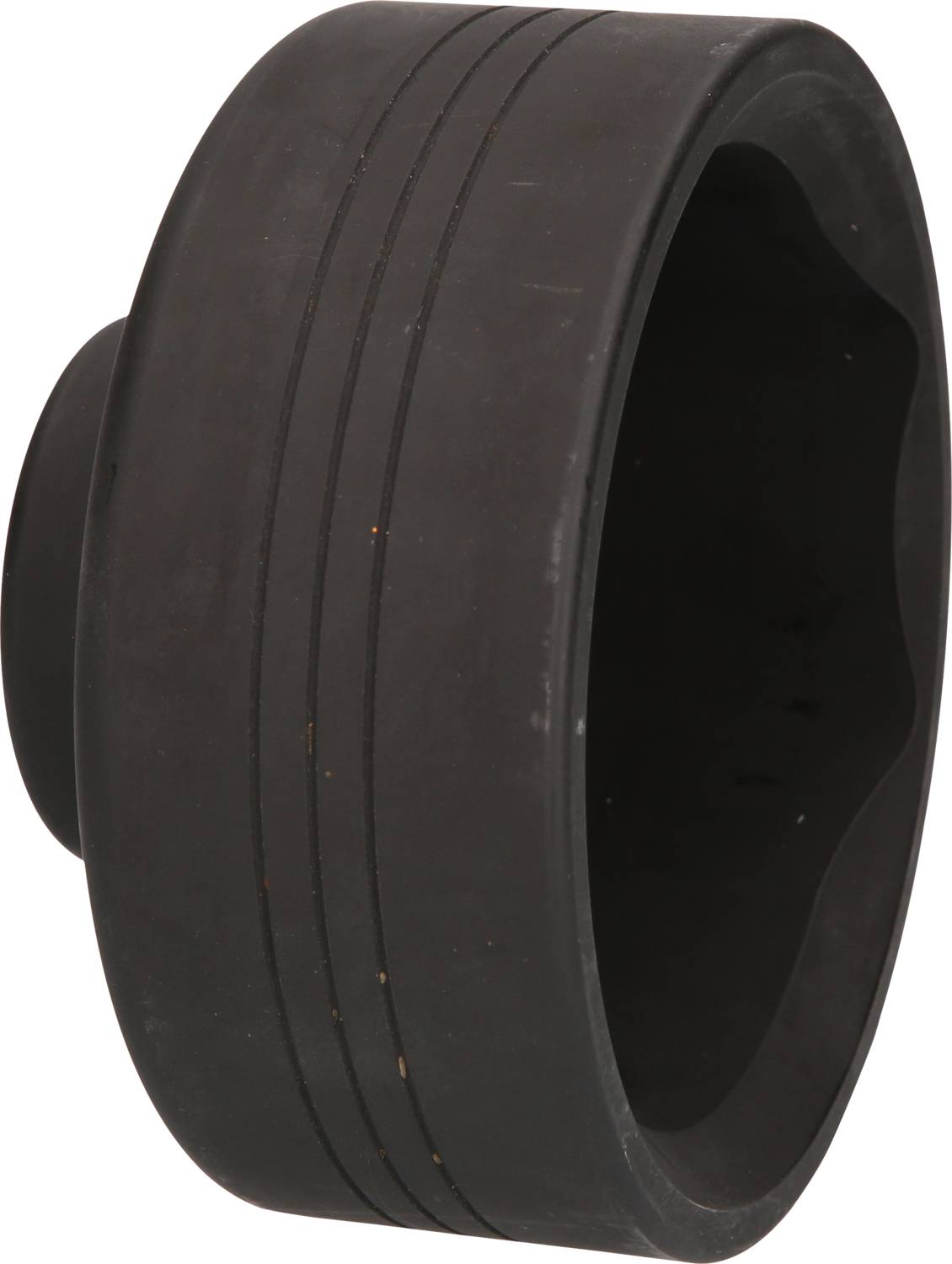 Black rubber wheel without rim, side view, three parallel lines running along the surface.