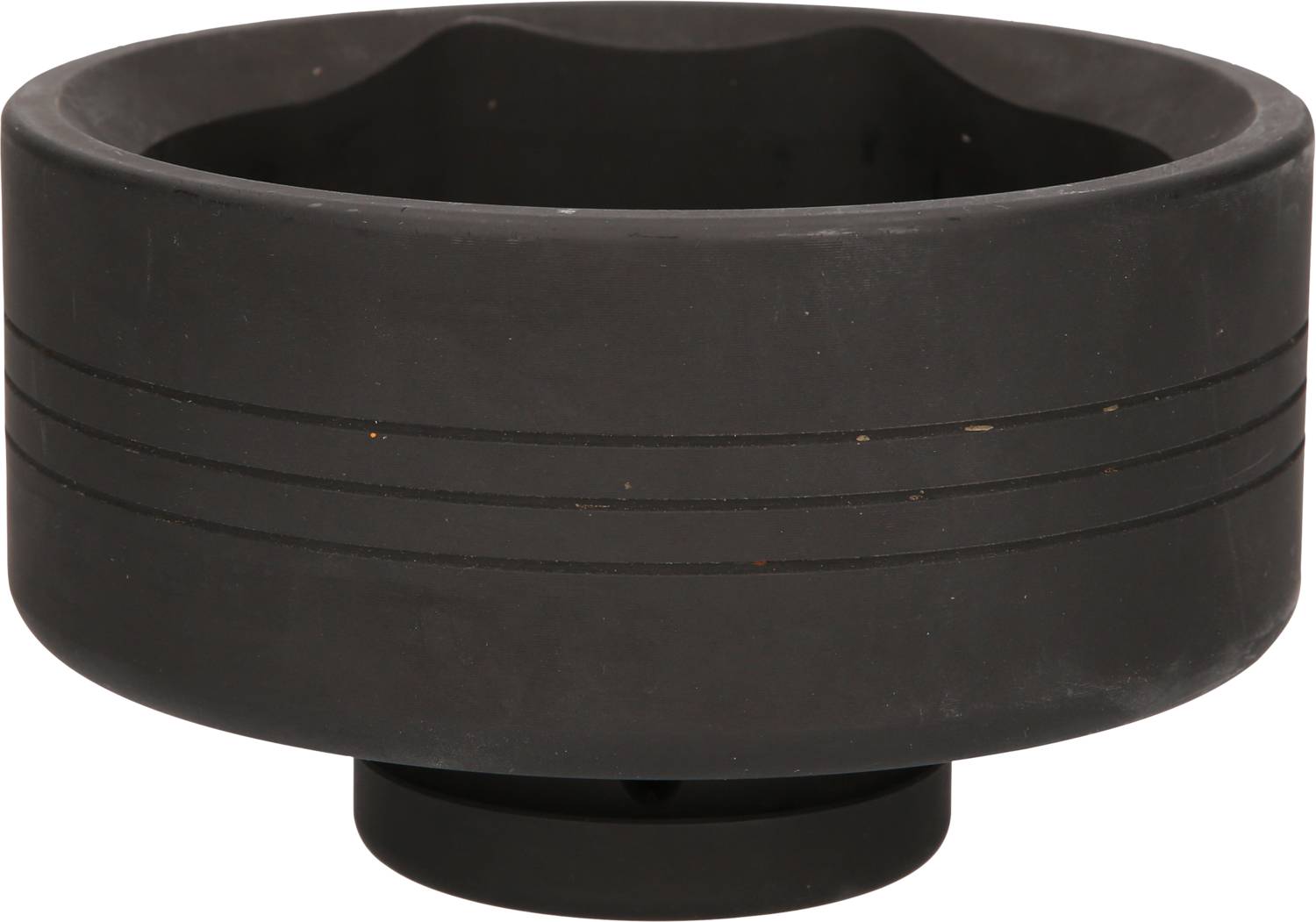 A black, round bowl with two grooves on the sides. It has a smooth surface and stands firmly on a flat base.