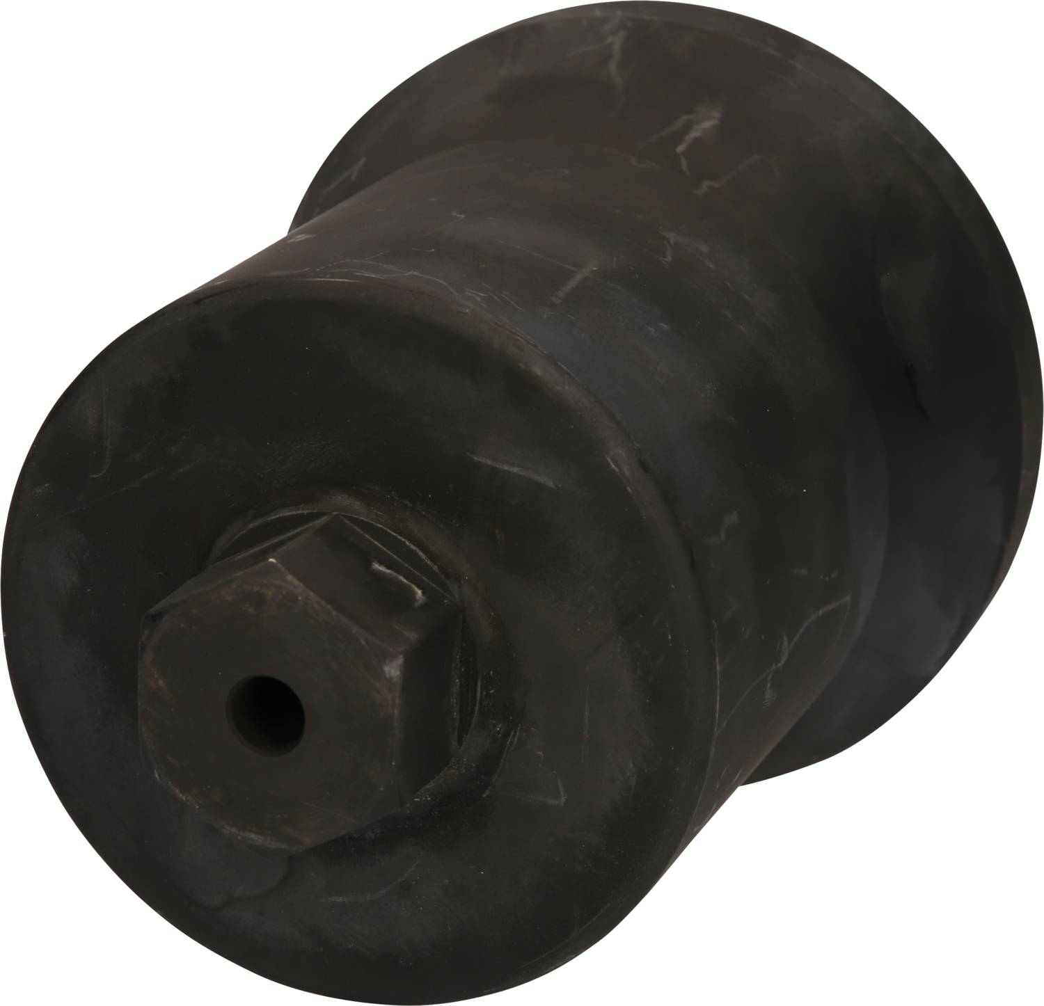 A black rubber damper in cylindrical form with a hexagonal metal insert and a hole in the centre. Used for reducing vibrations.