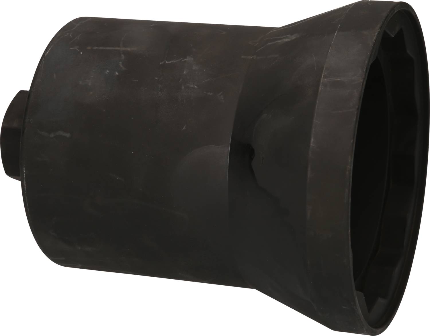 A black, conical plastic component that looks like an adapter or connection socket, without any discernible writing or pattern.