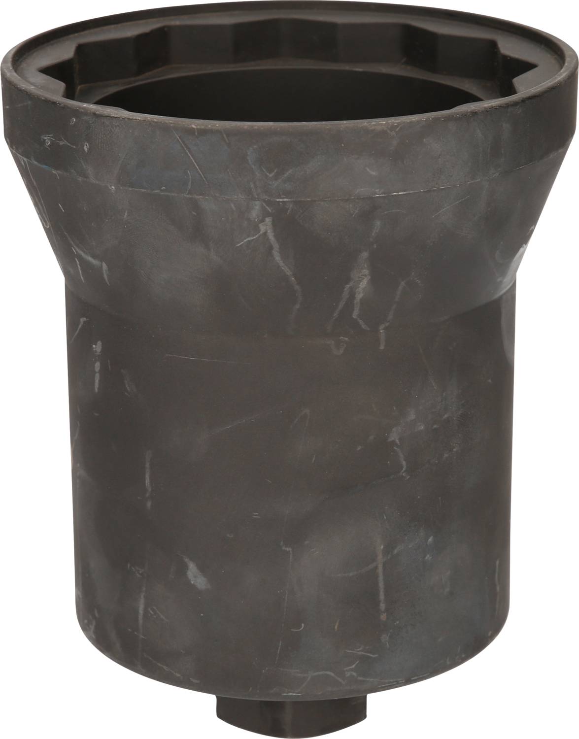 A dark plastic component, cylindrical with a wide funnel at the top. It appears to be an industrial or technical part.