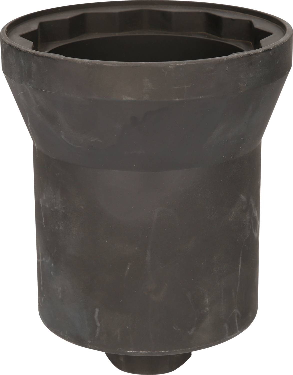 A black, cylindrical plastic component with a wider opening at the top, possibly an adapter or pipe fitting.