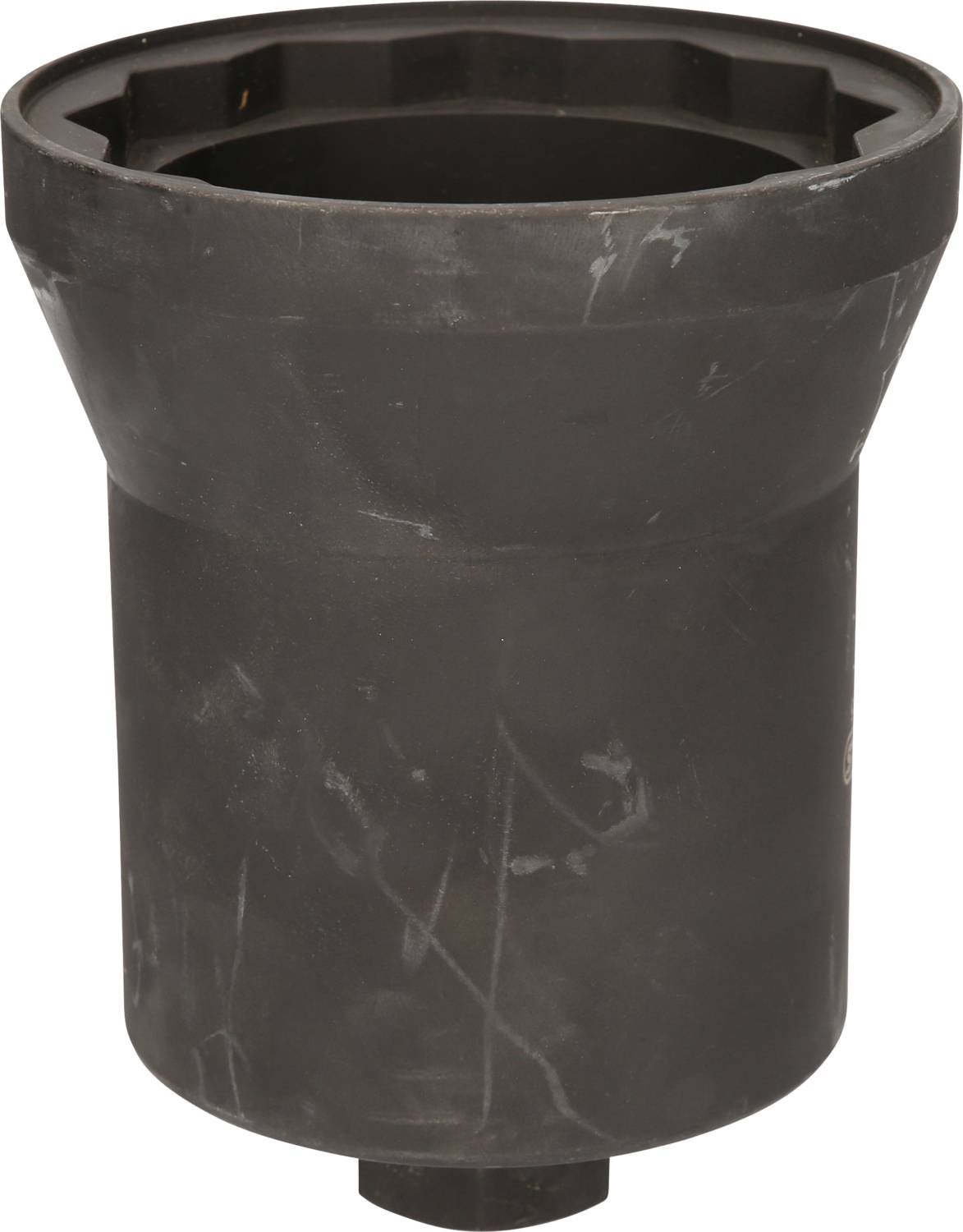 Black plastic sleeve with a wide rim at the top, tapering narrower towards the bottom. Suitable for industrial or technical applications.