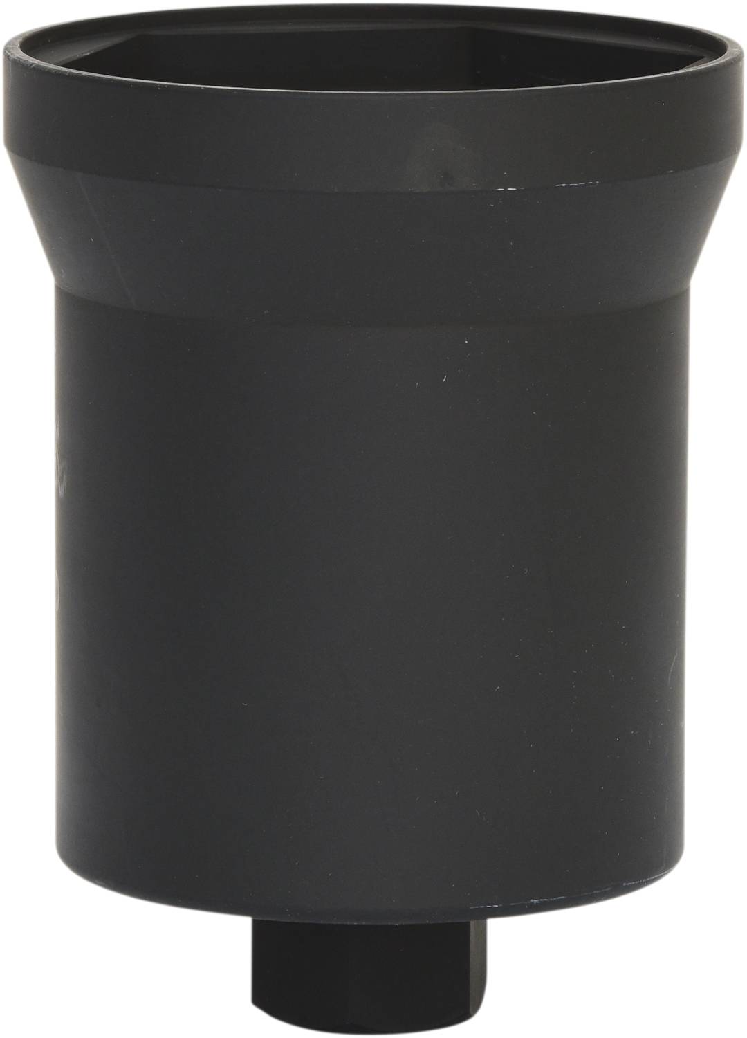 A black, cylindrical plastic cup with a wider opening at the top and a narrower base at the bottom. Could be used as a funnel or holder.