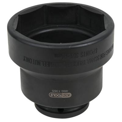 Lorry wheel nut tool with inscription '8 POINTS SIZE 46 mm'. Used for Scania lorries. Cylindrical shape, black.