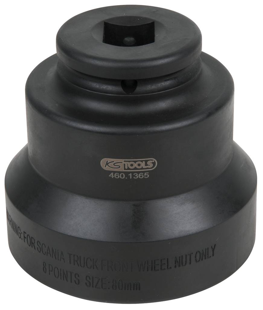 A black socket with the inscription 'KS Tools 460.1365', specifically designed for front wheel nuts of Scania lorries, size 80 mm.