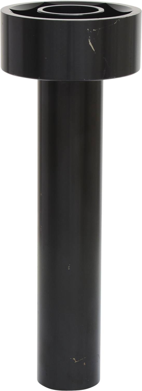 A black metal bolt with a round head and long shaft stands upright against a neutral background.