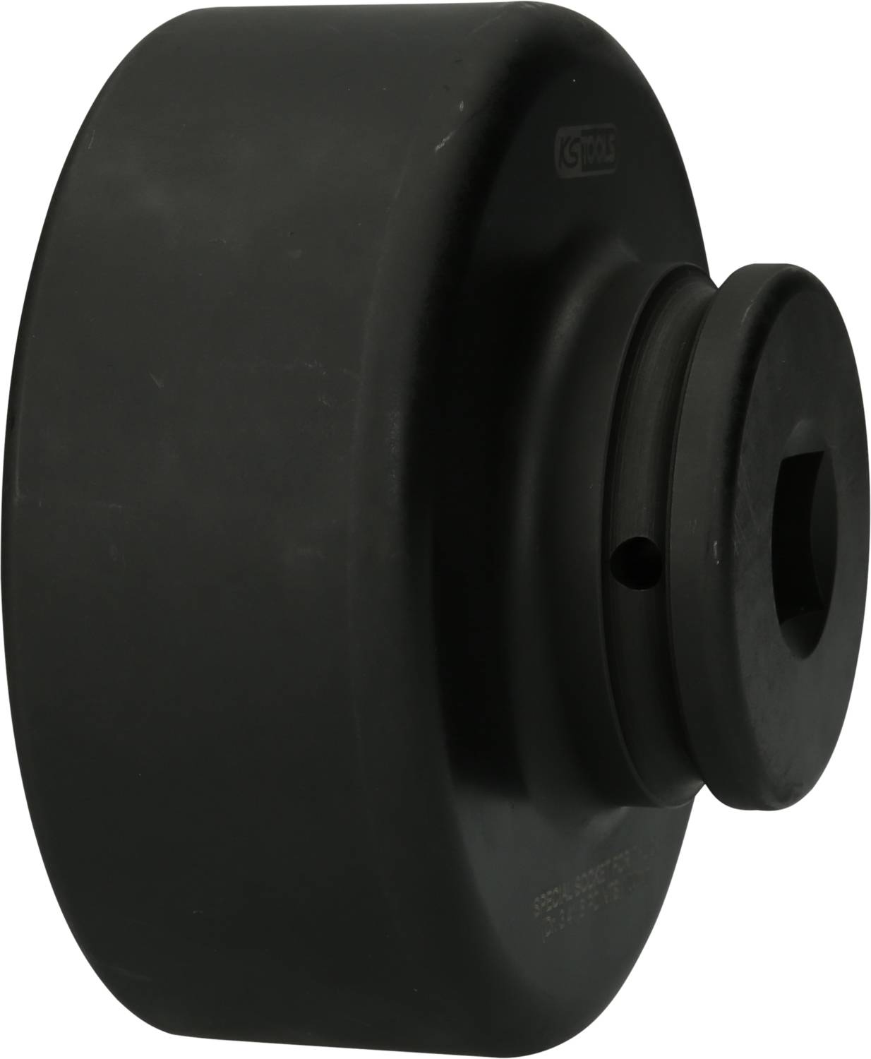 A round, black adapter or connector.