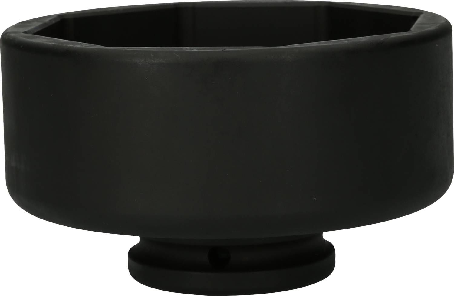 Black, round plastic bowl, empty and without visible details, against a grey background.