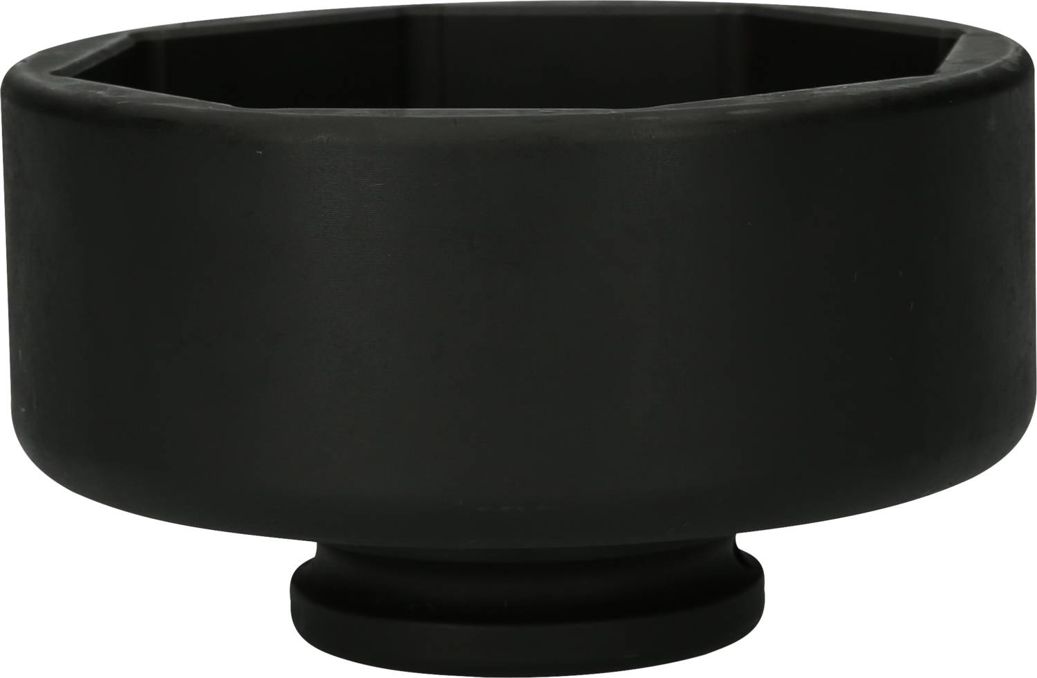 Black, circular container with flat edges and a wide base, potentially used as a cover or holder.