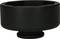 Black, circular container with flat edges and a wide base, potentially used as a cover or holder.