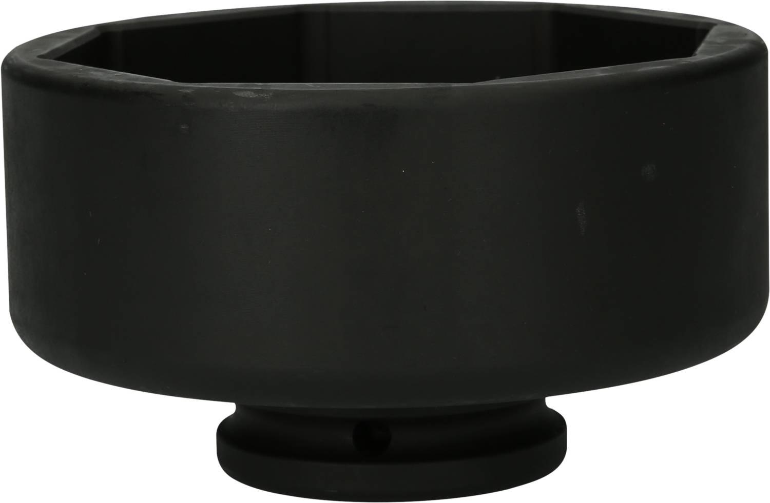 Black, round metal cap with a hexagonal opening, possibly a specialised tool component or adapter.