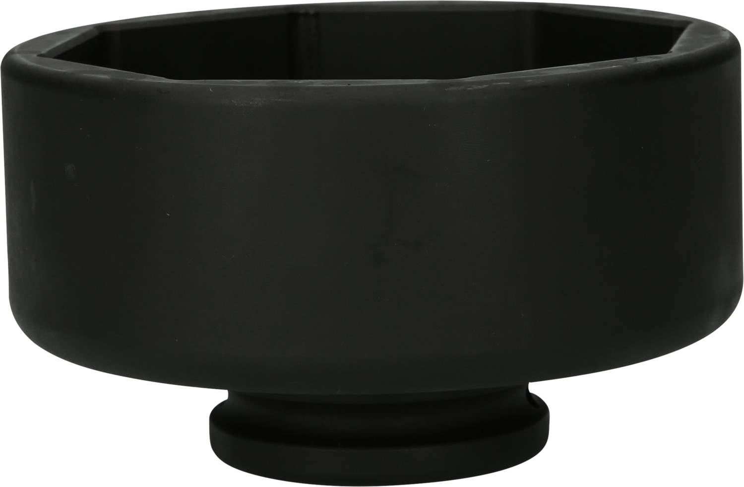 A black, cylindrical container or lid, possibly made of plastic, with a wide, flat design.