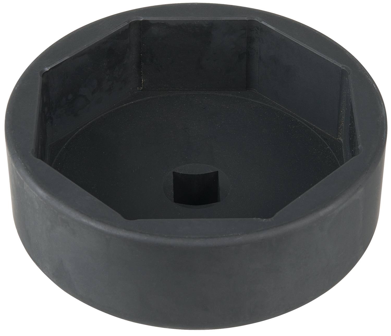 A black hexagonal metal adapter, possibly a tool component, on a white background.