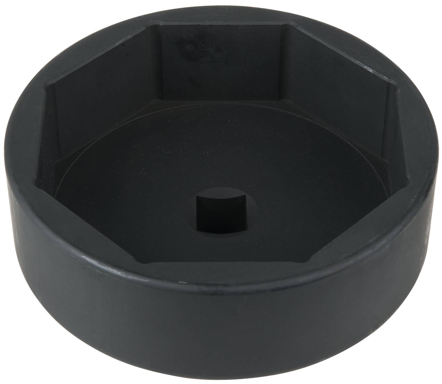 Black, hexagonal metal oil filter wrench, side view, on a white background. Primarily used for car maintenance.