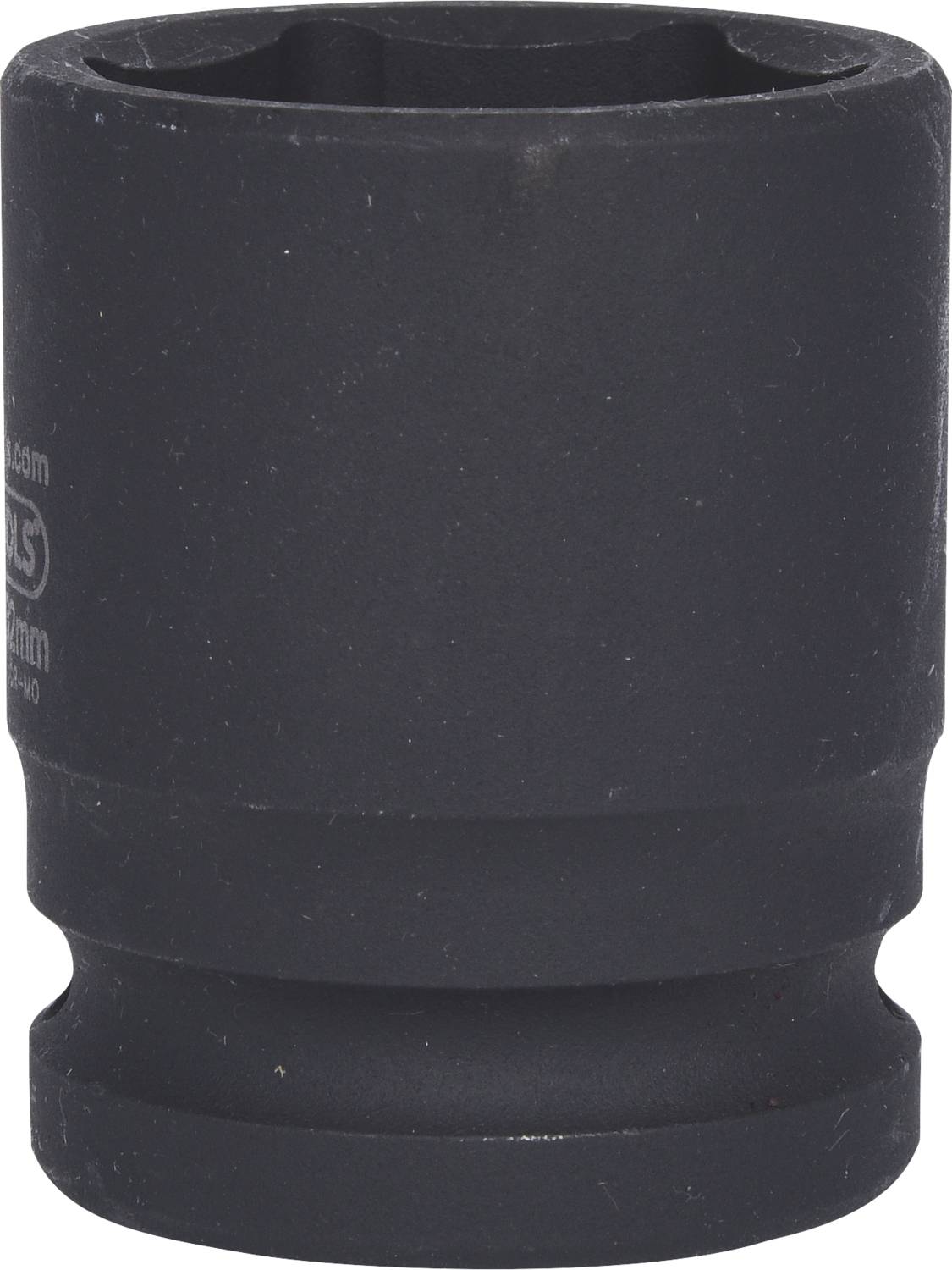 A black socket wrench nut, cylindrically shaped, with an opening for tightening screw nuts in various sizes.