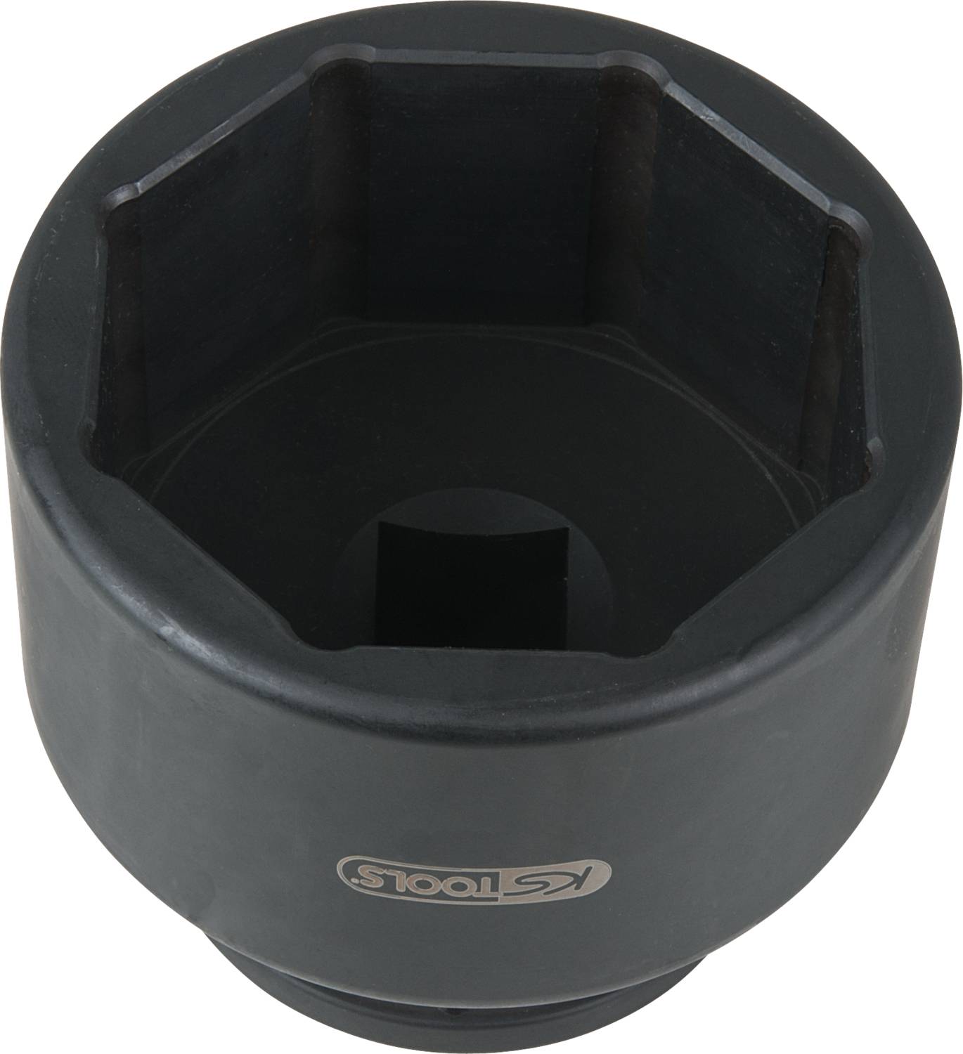 A large black hexagonal nut, as used for heavy-duty machine tools. It has a smooth outer casing.