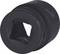 Black, cylindrical metal adapter with a triangular opening. Suitable for specialised pipe connections or mechanical applications.