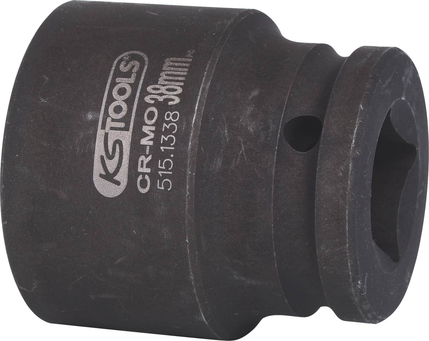 A black socket with the inscription 'KS TOOLS CR-MO 38mm'. It has a hexagonal end and is suitable for professional workshops.