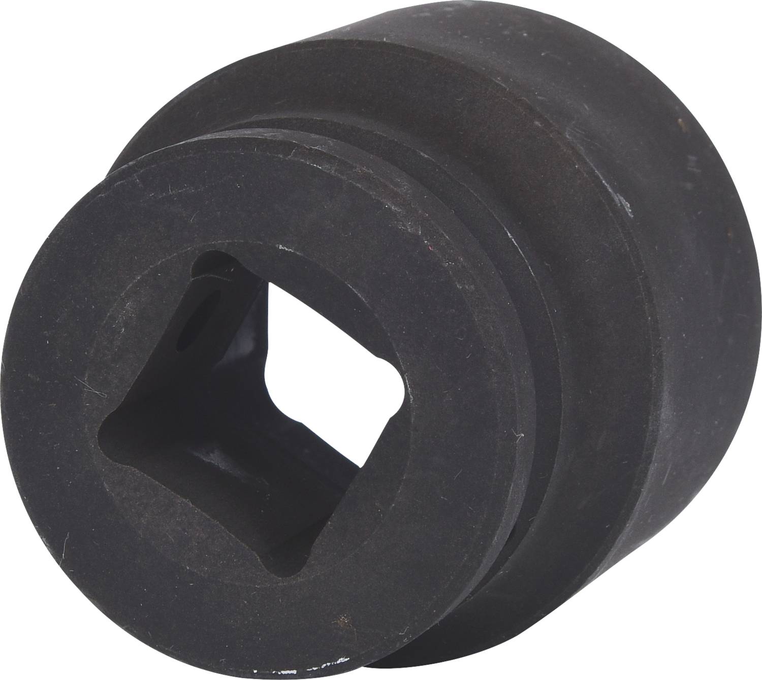 Black metal cylindrical container with a square opening, potentially an adapter or component of machinery tools.