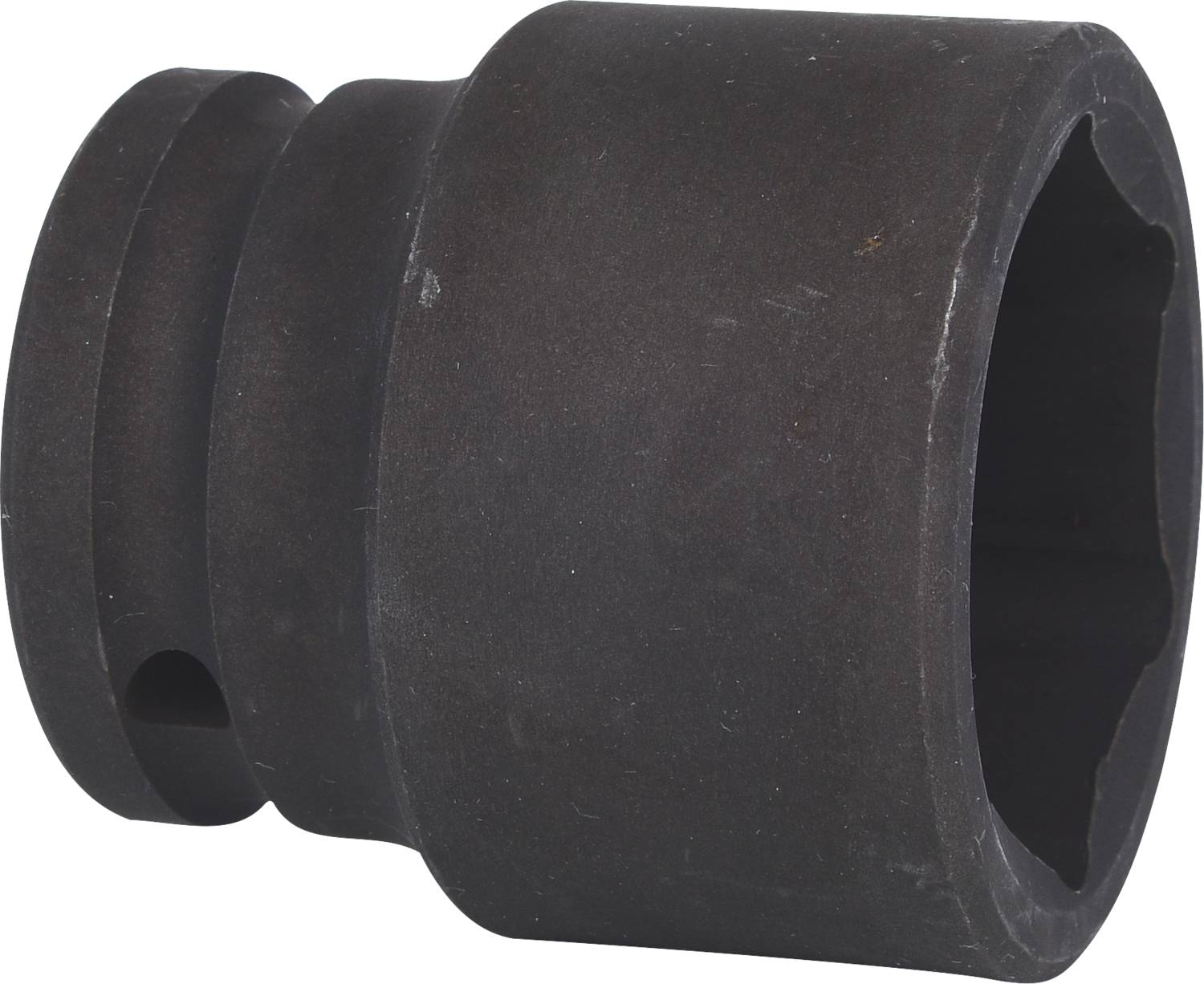 A black steel attachment with a hexagonal opening, used for loosening and tightening screws or nuts in mechanical engineering.