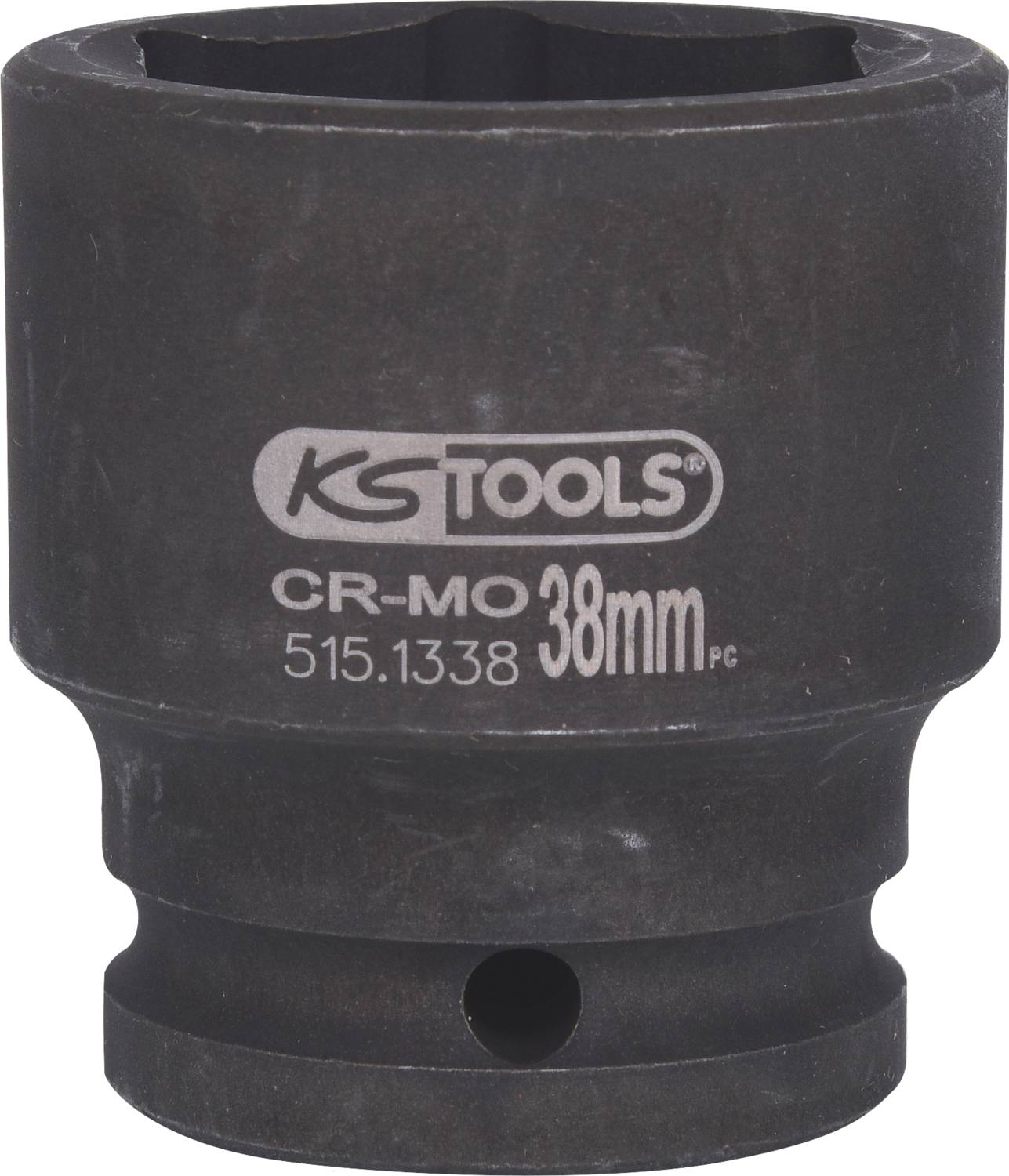 'Black 38mm CR-MO steel socket from KS Tools, model number 515.1338.'