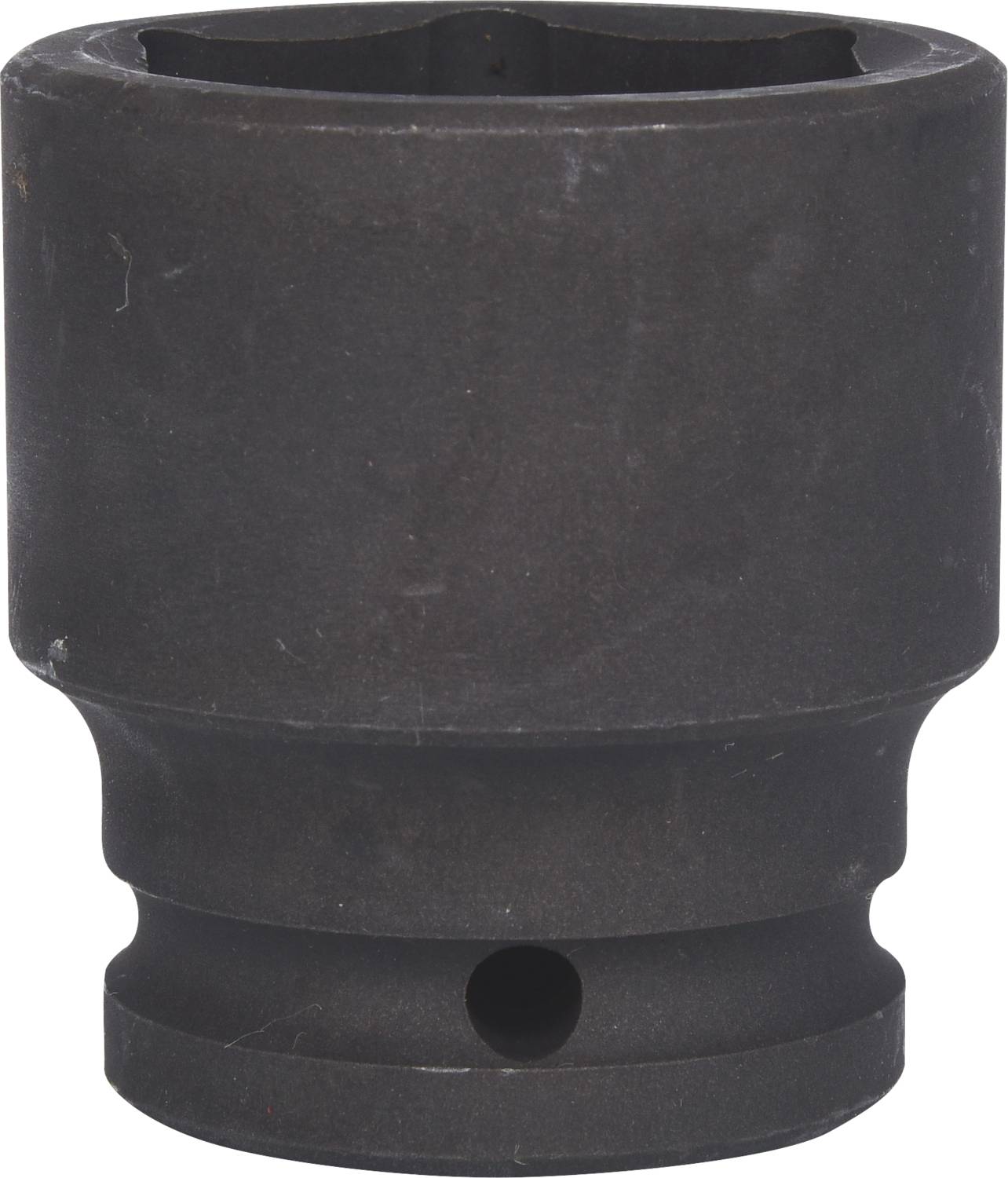 A black socket, cylindrically shaped, made of metal. It is used for loosening or tightening screw nuts with a suitable tool.