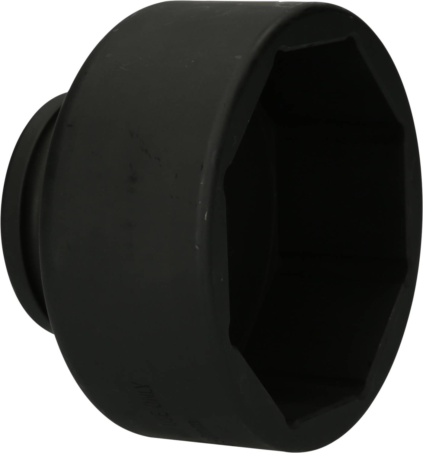 Black metal hex key, used for loosening large bolts or nuts, primarily in industrial settings.