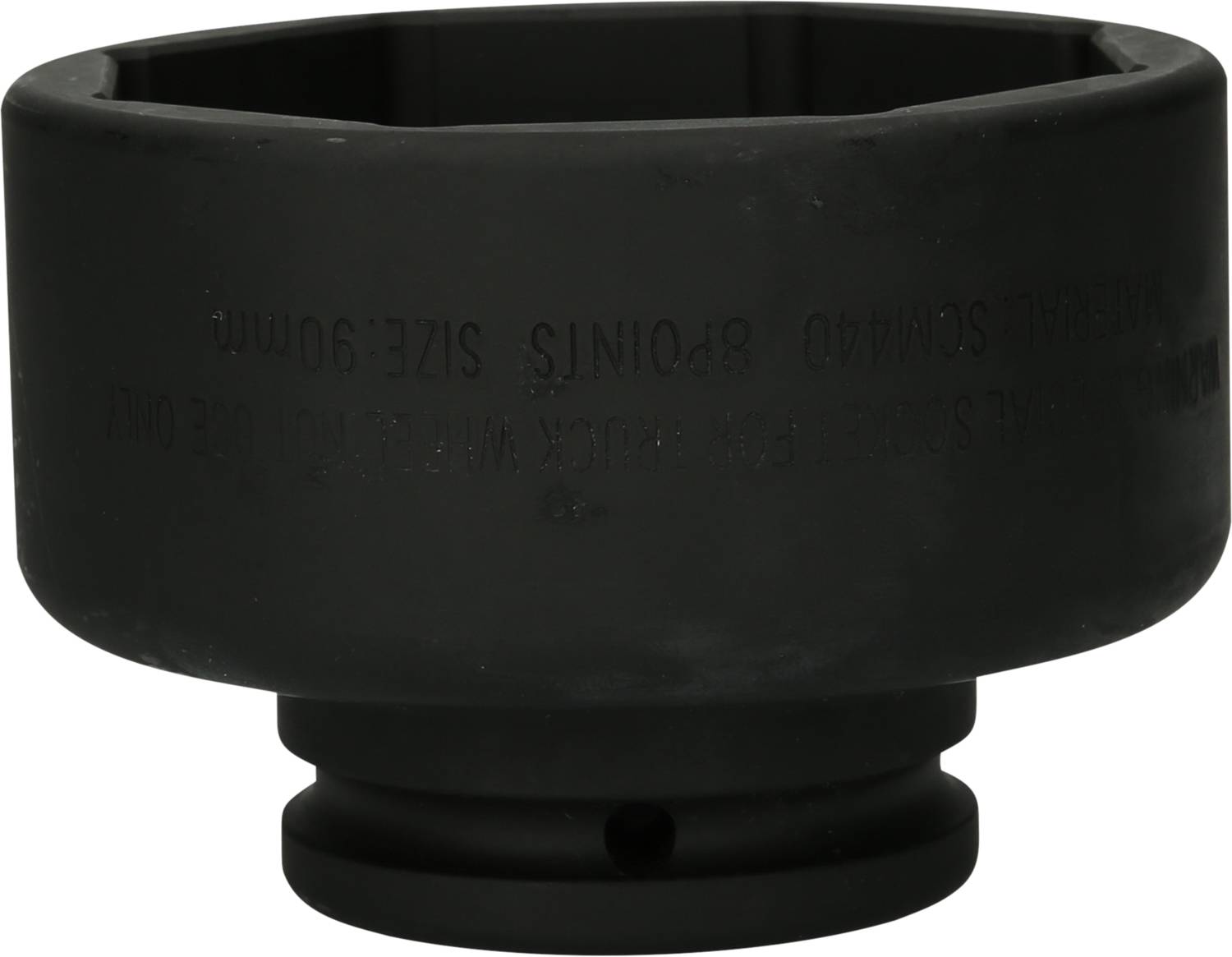A black, cylindrical metal attachment with a hexagonal opening, often used as a socket for loosening large nuts.