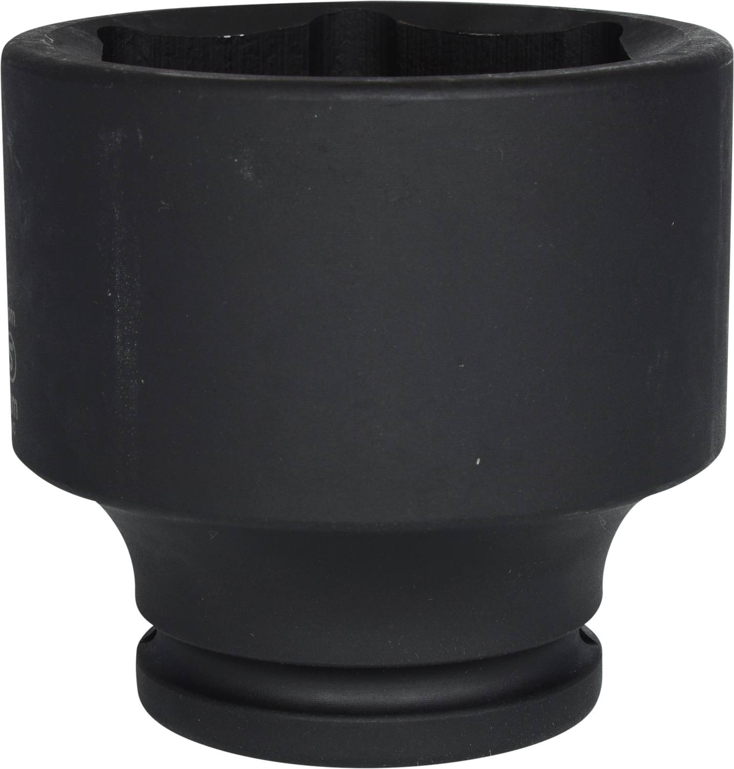 A black metal attachment with a cylindrical shape and a wide opening. Possibly part of a tool or machine.